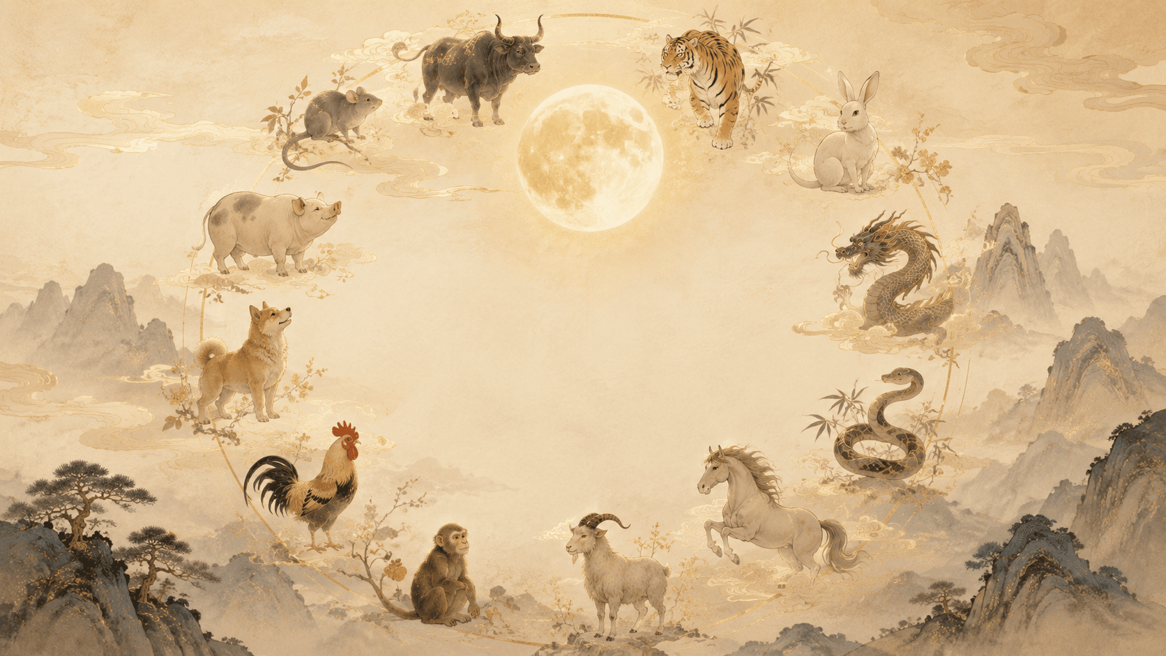 Twelve zodiac animals arranged in a traditional Eastern zodiac circle
